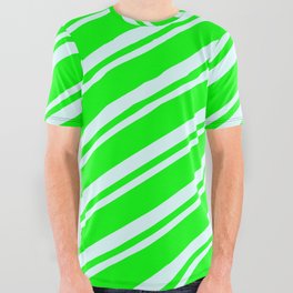 [ Thumbnail: Lime & Light Cyan Colored Pattern of Stripes All Over Graphic Tee ]