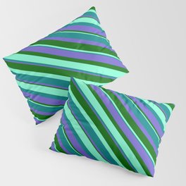 [ Thumbnail: Aquamarine, Teal, Slate Blue, and Dark Green Colored Striped Pattern Pillow Sham ]
