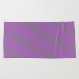 [ Thumbnail: Grey and Orchid Colored Pattern of Stripes Beach Towel ]