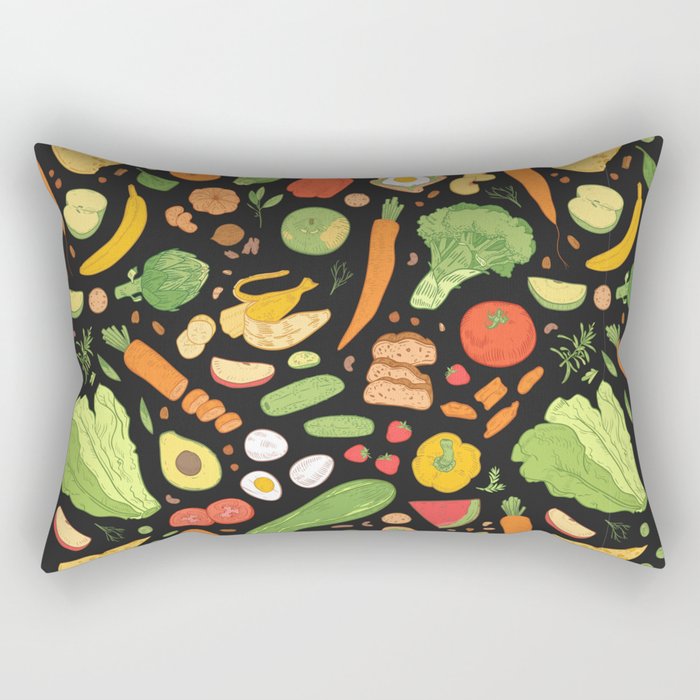 Seamless pattern with dietary food, wholesome grocery products, natural organic fruits, berries and vegetables on black background. Hand drawn realistic vintage illustration Rectangular Pillow