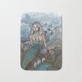 Tempest Mermaid Bath Mat | Siren, Ocean, Rocks, Seawitch, Mystical, Water, Fantasy, Storm, Watercolor, Cliffs 