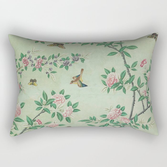 Antique Chinoiserie Peony Flower Bird Garden 1800 Rectangular Pillow