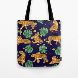 Modern Trendy Jungle Monstera and Tigers with Gold Spots Pattern Tote Bag