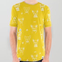 Yellow and White Hand Drawn Dog Puppy Pattern All Over Graphic Tee