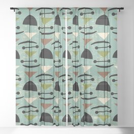 Retro Mid Century Modern Abstract Mobile 647 Blue Olive Brown and Black Sheer Curtain