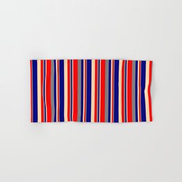 [ Thumbnail: Tan, Blue, Gray & Red Colored Lines/Stripes Pattern Hand & Bath Towel ]