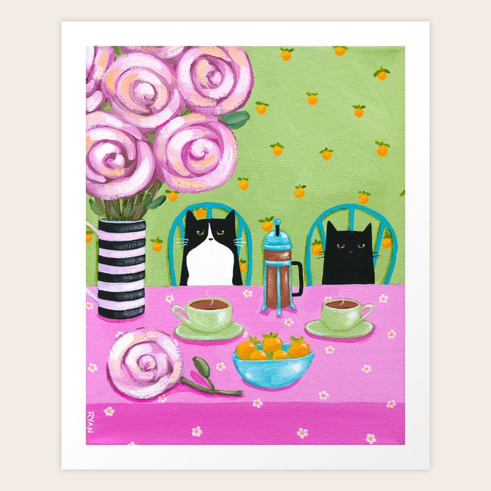 Cat Wall Decoration: French Press Coffee Cats Art Print