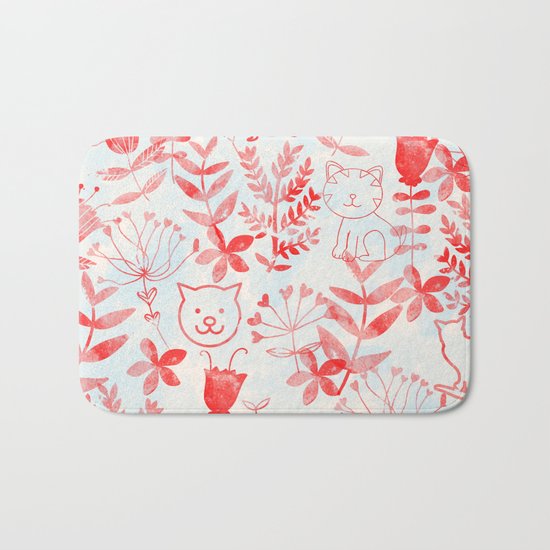 Watercolor Floral & Cat Bath Mat