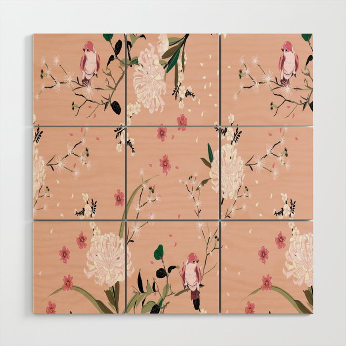 Pink Parakeets and White Flowers  Wood Wall Art