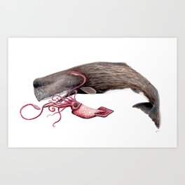 Epic battle between the sperm whale and the giant squid Art Print