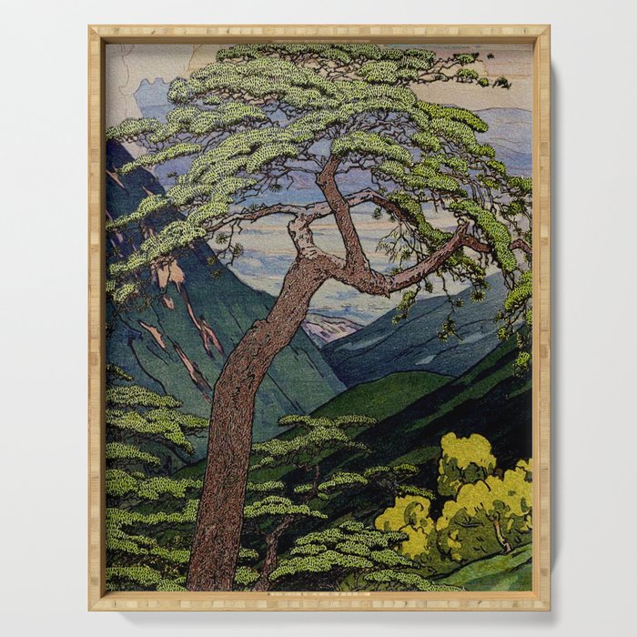 The Downwards Climbing - Summer Tree & Mountain Ukiyoe Nature Landscape in Green Serving Tray