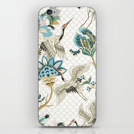 Japanese Ornate Heron Pattern Ivory Silver Blue iPhone Skin