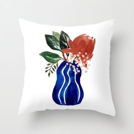 Red Flowers in a Blue Boho Vase Throw Pillow