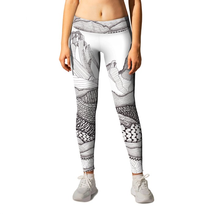 Patterns on Patagonia / Black and White Mountain Drawing / Abstract  Mountain Landscape Leggings by Laura Maxwell