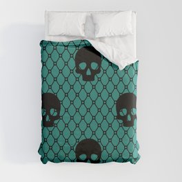 Black skulls Lace Gothic Pattern on Turquoise Green Duvet Cover
