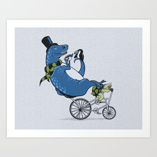 Tandem T-Rex Tastes Tea with Tucan, as Turtle Toils Art Print