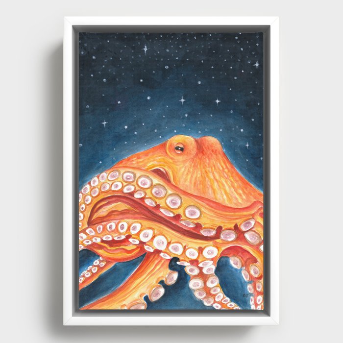 Red Octopus Tentacles Galaxy Stars Kraken Cephalopod Watercolor Art Framed Canvas