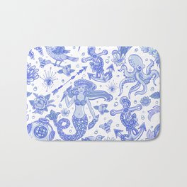Blue Tattoo Bath Mat | Arrow, Blue, Mermaid, Flowers, Seashells, Leaves, Nature, Bee, Graphicdesign, Bird 