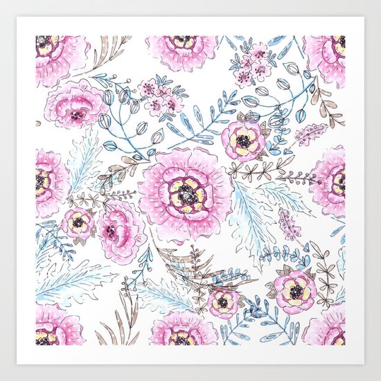 Watercolor . Pink flowers . Art Print