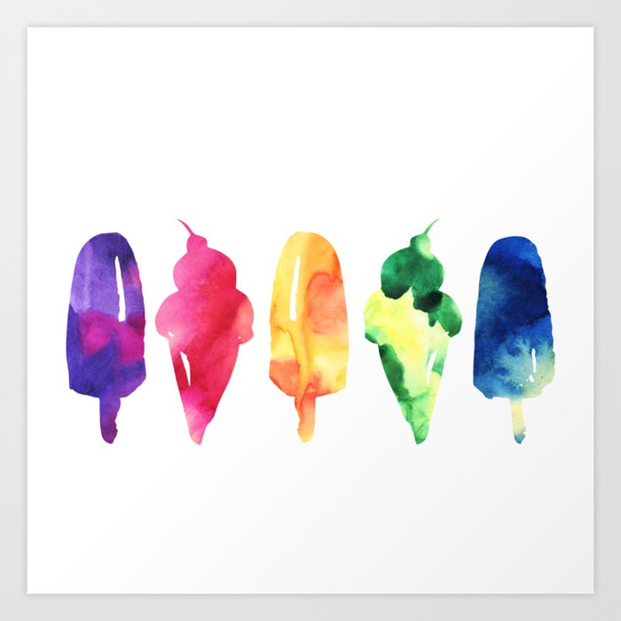 Rainbow Watercolor Popsicles Ice Cream Cones Art Print