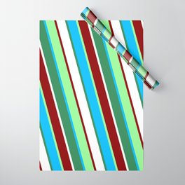 [ Thumbnail: Vibrant Green, Deep Sky Blue, Sea Green, White & Dark Red Colored Lines Pattern Wrapping Paper ]