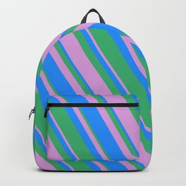 [ Thumbnail: Blue, Sea Green, and Plum Colored Pattern of Stripes Backpack ]