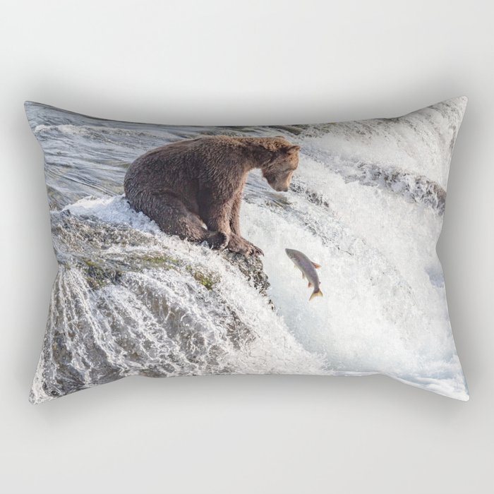 Young grizzly bear sits at waterfall Rectangular Pillow