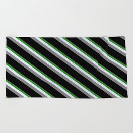 [ Thumbnail: Light Salmon, Forest Green, Lavender, Gray, and Black Colored Stripes/Lines Pattern Beach Towel ]