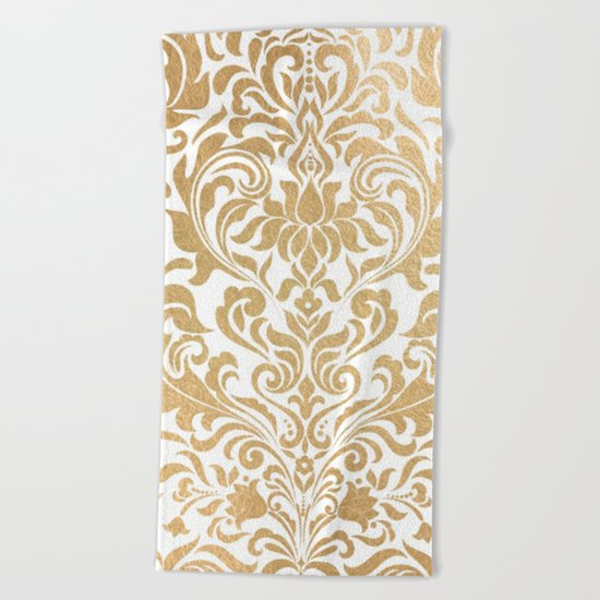 Gold foil swirls damask #12 Beach Towel