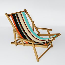 [ Thumbnail: Red, Black, Tan & Turquoise Colored Lined/Striped Pattern Sling Chair ]