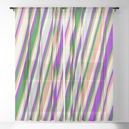 [ Thumbnail: Vibrant Dark Violet, Green, Dark Salmon, Beige, and Light Gray Colored Stripes/Lines Pattern Sheer Curtain ]