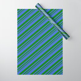 [ Thumbnail: Royal Blue and Green Colored Lines/Stripes Pattern Wrapping Paper ]