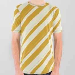 [ Thumbnail: Beige & Goldenrod Colored Pattern of Stripes All Over Graphic Tee ]