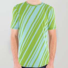 [ Thumbnail: Turquoise and Green Colored Lined Pattern All Over Graphic Tee ]