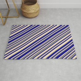 [ Thumbnail: Dark Blue, Tan, and Grey Colored Striped Pattern Rug ]