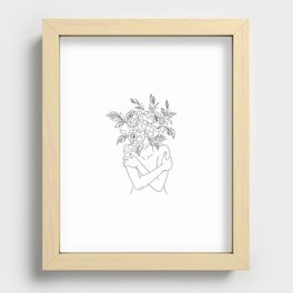 Woman with peonies line art Recessed Framed Print