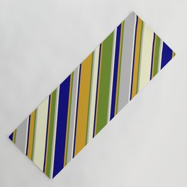 [ Thumbnail: Eyecatching Blue, Goldenrod, Green, Grey & Light Yellow Colored Pattern of Stripes Yoga Mat ]