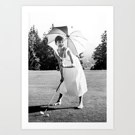 Audrey Hepburn Playing Golf, Black and White Vintage Art Art Print