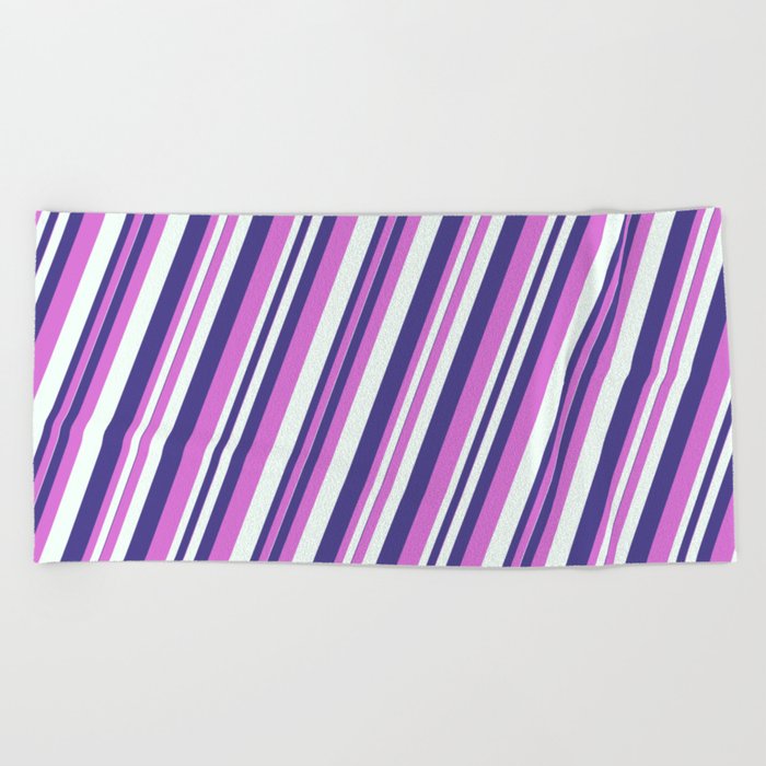 Dark Slate Blue, Orchid, and Mint Cream Colored Pattern of Stripes Beach Towel