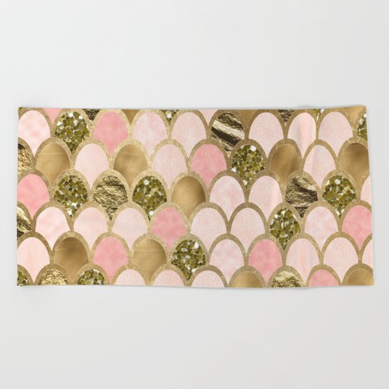 Rose gold blush mermaid scales Beach Towel