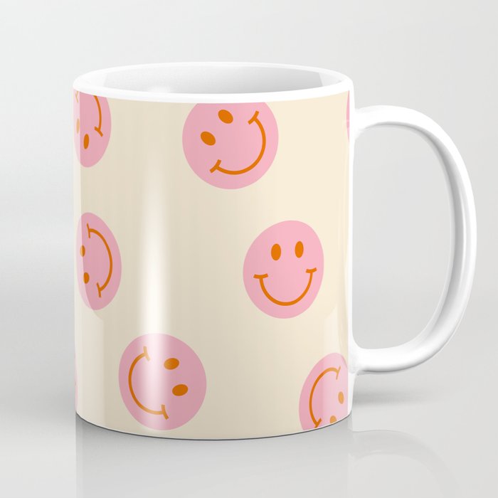 70s Retro Smiley Face Pattern in Beige & Pink Coffee Mug
