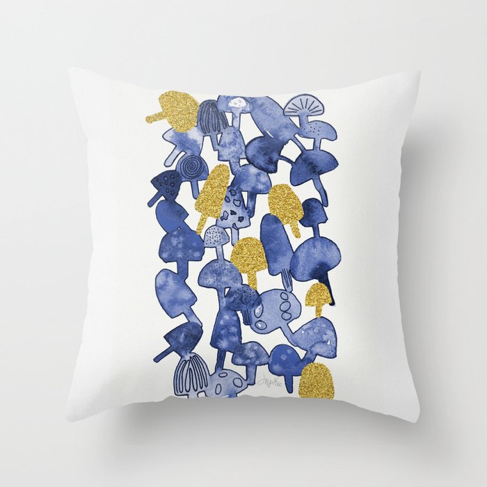 Navy Gold Mushrooms Throw Pillow