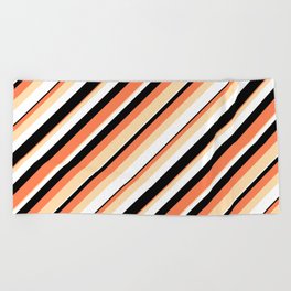 [ Thumbnail: Coral, Tan, White & Black Colored Lines/Stripes Pattern Beach Towel ]