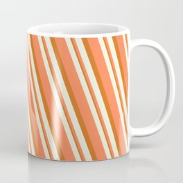 [ Thumbnail: Beige, Coral & Chocolate Colored Stripes Pattern Coffee Mug ]