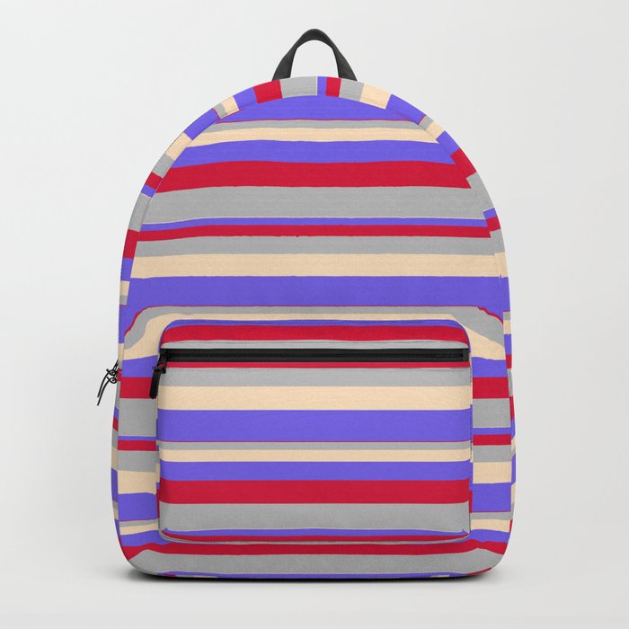 Crimson, Grey, Bisque & Medium Slate Blue Colored Lined Pattern Backpack