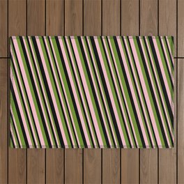 [ Thumbnail: Green, Pink, and Black Colored Striped Pattern Outdoor Rug ]