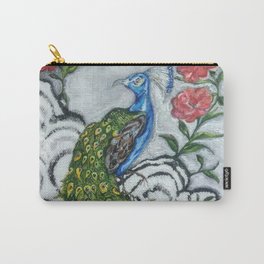 Peacock and Frog Carry-All Pouch | Abstract, Painting, Peacockfeathers, Colorful, Nature, Bird, Landscape, Peacocktale, Frog, Oil 
