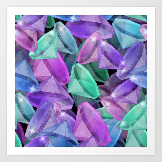 Placer precious stones Black background . Diamonds . Art Print