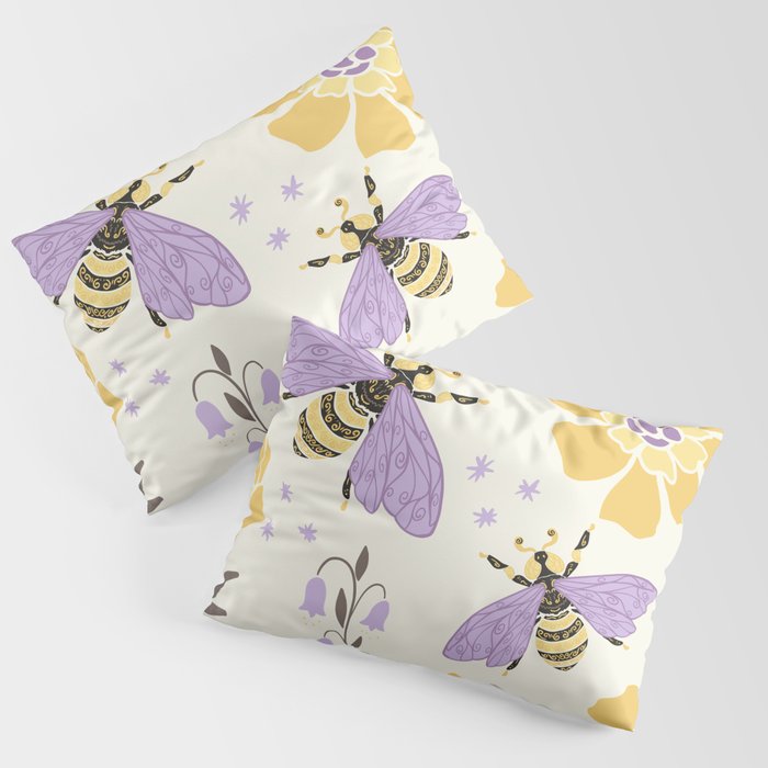 Honey Bees and Flowers - Yellow and Lavender Purple Pillow Sham