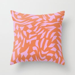 Distorted groovy checks pattern - orange pink jelly Throw Pillow